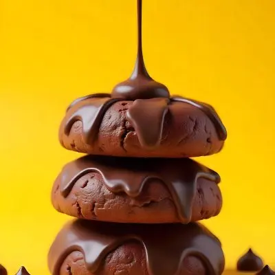 Stack Of Three Chocolate Covered Cookies With Chocolate Syrup Being Poured On Top Bright Yellow Background 32 8983