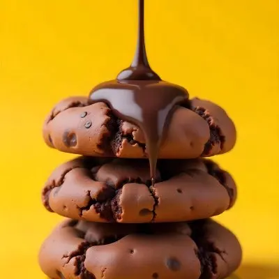 Stack Of Three Chocolate Covered Cookies With Chocolate Syrup Being Poured On Top Bright Yellow Background 36 664c