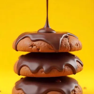 Stack Of Three Chocolate Covered Cookies With Chocolate Syrup Being Poured On Top Bright Yellow Background 38 Beeb
