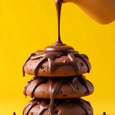 Stack Of Three Chocolate Covered Cookies With Chocolate Syrup Being Poured On Top Bright Yellow Background 41 E28b