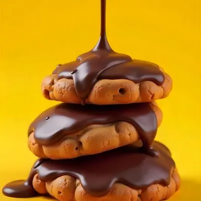 Stack Of Three Chocolate Covered Cookies With Chocolate Syrup Being Poured On Top Bright Yellow Background 42 F4d0