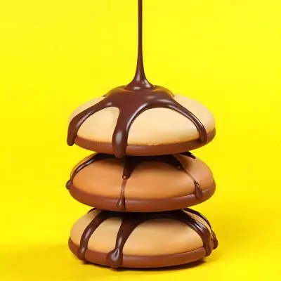 Stack Of Three Chocolate Covered Cookies With Chocolate Syrup Being Poured On Top Bright Yellow Background 48 72ac