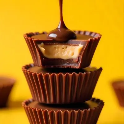 Stack Of Three Chocolate Peanut Butter Cups With Chocolate Syrup Being Poured On Top In A Yellow Background 16 B10b