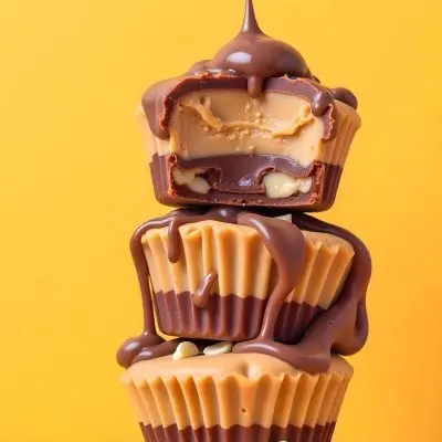 Stack Of Three Chocolate Peanut Butter Cups With Chocolate Syrup Being Poured On Top In A Yellow Background 24 940a
