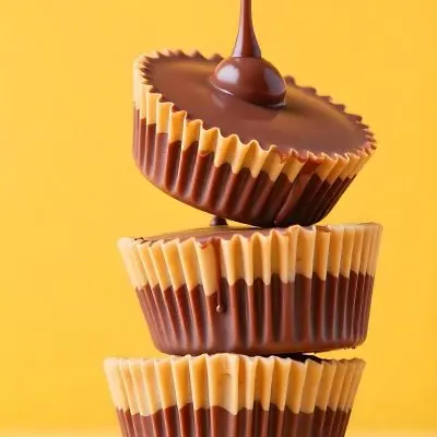 Stack Of Three Chocolate Peanut Butter Cups With Chocolate Syrup Being Poured On Top In A Yellow Background 30 8d12