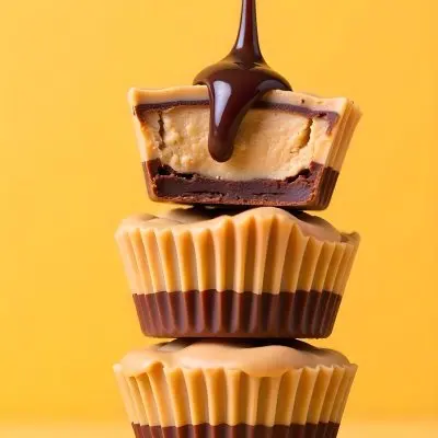 Stack Of Three Chocolate Peanut Butter Cups With Chocolate Syrup Being Poured On Top In A Yellow Background 35 7258