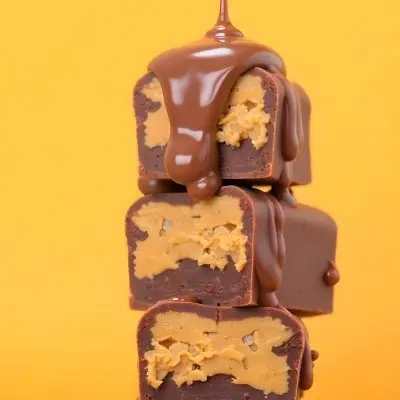 Stack Of Three Chocolate Peanut Butter Cups With Chocolate Syrup Being Poured On Top In A Yellow Background 36 34f3