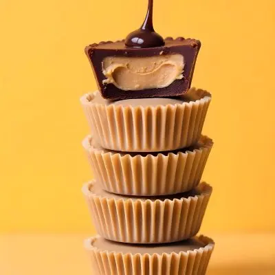 Stack Of Three Chocolate Peanut Butter Cups With Chocolate Syrup Being Poured On Top In A Yellow Background 37 103a