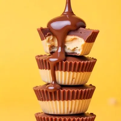 Stack Of Three Chocolate Peanut Butter Cups With Chocolate Syrup Being Poured On Top In A Yellow Background 8 82d2