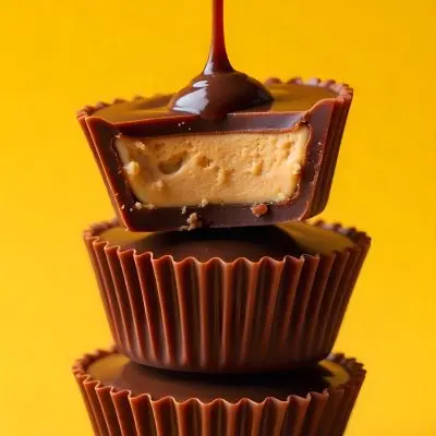 Stack Of Three Chocolate Peanut Butter Cups With Chocolate Syrup Being Poured On Top In A Yellow Background 9 27c7