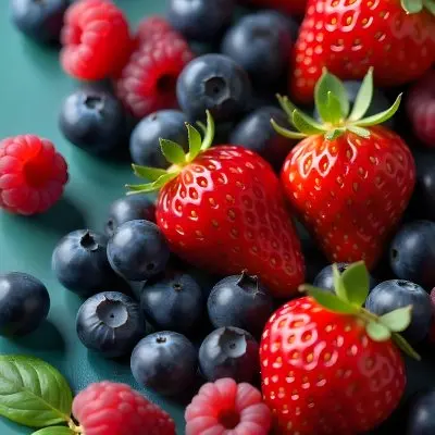 Strawberries Raspberries And Blueberries Scattered On A Green Surface Some Green Leaves Vibrant Colors Close Up Shot Natural Light Food Photography Fresh And Juicy 1 8391