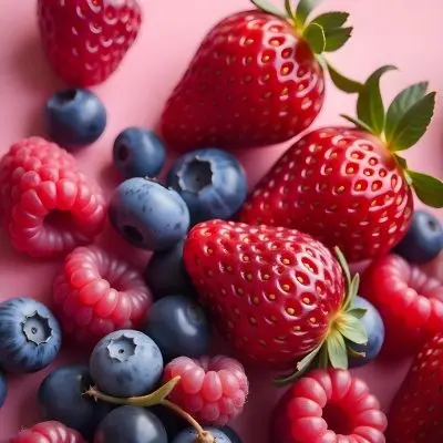Strawberries Raspberries And Blueberries Scattered On A Green Surface Some Green Leaves Vibrant Colors Close Up Shot Natural Light Food Photography Fresh And Juicy 10 C2ef