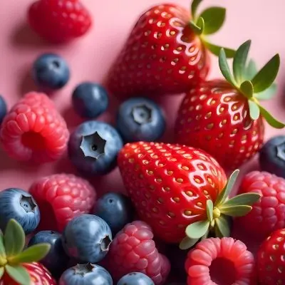 Strawberries Raspberries And Blueberries Scattered On A Green Surface Some Green Leaves Vibrant Colors Close Up Shot Natural Light Food Photography Fresh And Juicy 14 Aa8c