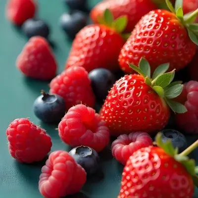 Strawberries Raspberries And Blueberries Scattered On A Green Surface Some Green Leaves Vibrant Colors Close Up Shot Natural Light Food Photography Fresh And Juicy 15 80ec