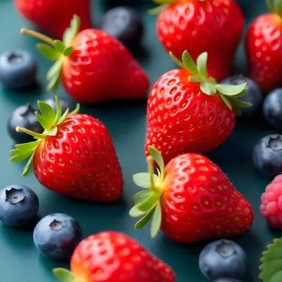 Strawberries Raspberries And Blueberries Scattered On A Green Surface Some Green Leaves Vibrant Colors Close Up Shot Natural Light Food Photography Fresh And Juicy 19 73dd