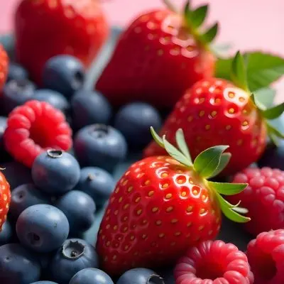 Strawberries Raspberries And Blueberries Scattered On A Green Surface Some Green Leaves Vibrant Colors Close Up Shot Natural Light Food Photography Fresh And Juicy 2 4a2f