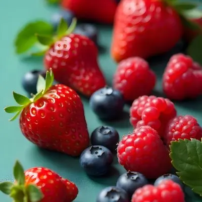 Strawberries Raspberries And Blueberries Scattered On A Green Surface Some Green Leaves Vibrant Colors Close Up Shot Natural Light Food Photography Fresh And Juicy 20 F28b