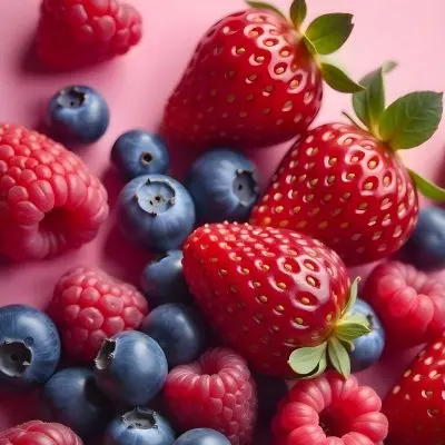 Strawberries Raspberries And Blueberries Scattered On A Green Surface Some Green Leaves Vibrant Colors Close Up Shot Natural Light Food Photography Fresh And Juicy 21 Bffc