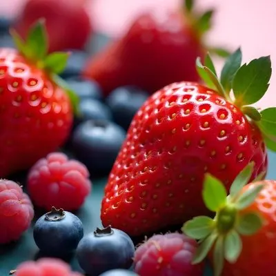 Strawberries Raspberries And Blueberries Scattered On A Green Surface Some Green Leaves Vibrant Colors Close Up Shot Natural Light Food Photography Fresh And Juicy 24 050e