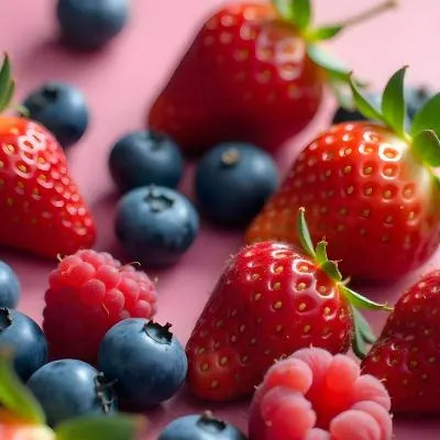 Strawberries Raspberries And Blueberries Scattered On A Green Surface Some Green Leaves Vibrant Colors Close Up Shot Natural Light Food Photography Fresh And Juicy 25 7d36