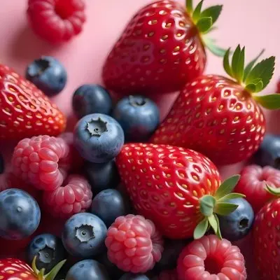 Strawberries Raspberries And Blueberries Scattered On A Green Surface Some Green Leaves Vibrant Colors Close Up Shot Natural Light Food Photography Fresh And Juicy 26 0522
