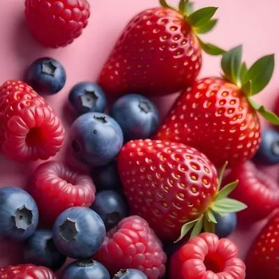 Strawberries Raspberries And Blueberries Scattered On A Green Surface Some Green Leaves Vibrant Colors Close Up Shot Natural Light Food Photography Fresh And Juicy 28 6b6c