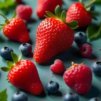 Strawberries Raspberries And Blueberries Scattered On A Green Surface Some Green Leaves Vibrant Colors Close Up Shot Natural Light Food Photography Fresh And Juicy 3 4df8