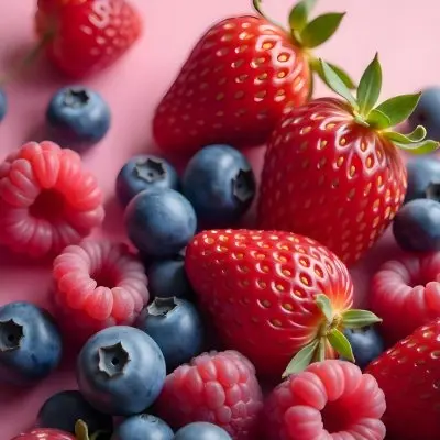 Strawberries Raspberries And Blueberries Scattered On A Green Surface Some Green Leaves Vibrant Colors Close Up Shot Natural Light Food Photography Fresh And Juicy 30 C4d8