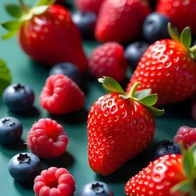 Strawberries Raspberries And Blueberries Scattered On A Green Surface Some Green Leaves Vibrant Colors Close Up Shot Natural Light Food Photography Fresh And Juicy 31 4fb3