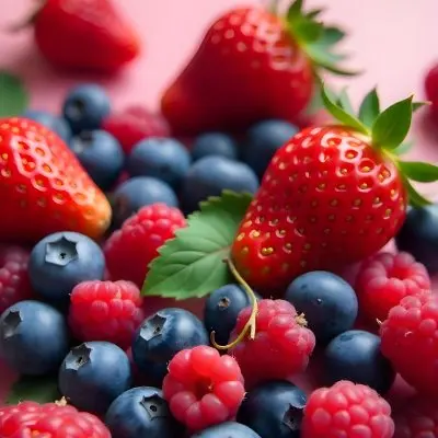 Strawberries Raspberries And Blueberries Scattered On A Green Surface Some Green Leaves Vibrant Colors Close Up Shot Natural Light Food Photography Fresh And Juicy 33 A377