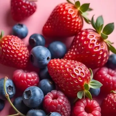 Strawberries Raspberries And Blueberries Scattered On A Green Surface Some Green Leaves Vibrant Colors Close Up Shot Natural Light Food Photography Fresh And Juicy 34 Da69