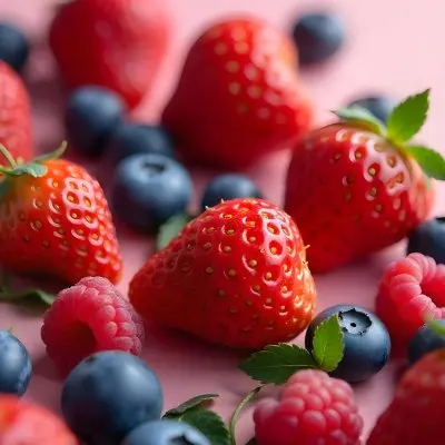 Strawberries Raspberries And Blueberries Scattered On A Green Surface Some Green Leaves Vibrant Colors Close Up Shot Natural Light Food Photography Fresh And Juicy 35 63c1
