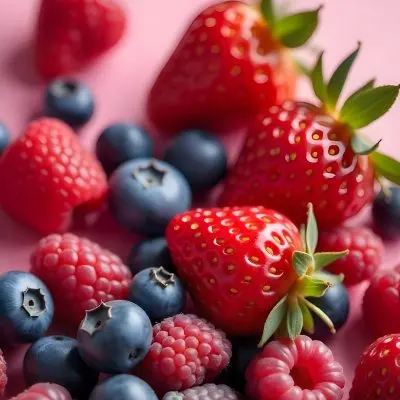Strawberries Raspberries And Blueberries Scattered On A Green Surface Some Green Leaves Vibrant Colors Close Up Shot Natural Light Food Photography Fresh And Juicy 37 135e