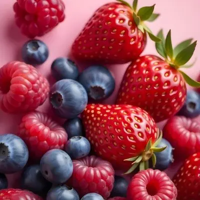 Strawberries Raspberries And Blueberries Scattered On A Green Surface Some Green Leaves Vibrant Colors Close Up Shot Natural Light Food Photography Fresh And Juicy 4 A698