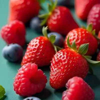 Strawberries Raspberries And Blueberries Scattered On A Green Surface Some Green Leaves Vibrant Colors Close Up Shot Natural Light Food Photography Fresh And Juicy 5 4a27