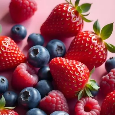 Strawberries Raspberries And Blueberries Scattered On A Green Surface Some Green Leaves Vibrant Colors Close Up Shot Natural Light Food Photography Fresh And Juicy 6 0c33
