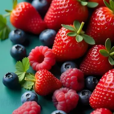 Strawberries Raspberries And Blueberries Scattered On A Green Surface Some Green Leaves Vibrant Colors Close Up Shot Natural Light Food Photography Fresh And Juicy 7 4d7f