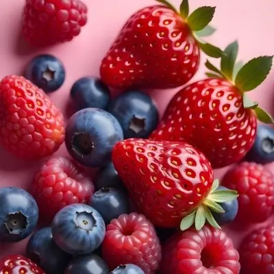 Strawberries Raspberries And Blueberries Scattered On A Green Surface Some Green Leaves Vibrant Colors Close Up Shot Natural Light Food Photography Fresh And Juicy 8 9884