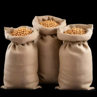 Three Jute Sacks Filled With Soybeans Tied With String Creating A Rustic And Textured Composition Against A Black Background 4 2fa5