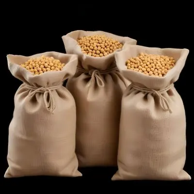 Three Jute Sacks Filled With Soybeans Tied With String Creating A Rustic And Textured Composition Against A Black Background 5 E9f3
