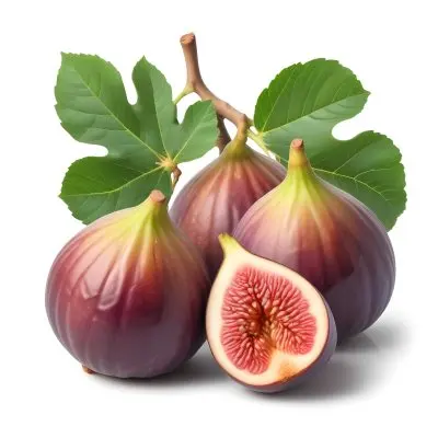 Three Ripe Figs With Green Leaves One Fig Is Cut In Half To Reveal The Red Flesh And Seeds Inside 70 6a0d