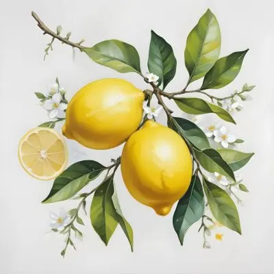 Two Ripe Yellow Lemons With Green Leaves On A Branch Surrounded By White Flowers 1 56cc