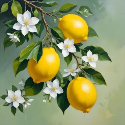 Two Ripe Yellow Lemons With Green Leaves On A Branch Surrounded By White Flowers 2 2714
