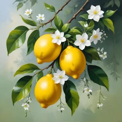 Two Ripe Yellow Lemons With Green Leaves On A Branch Surrounded By White Flowers 3 Ccbb