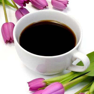 A Black Cup Of Black Coffee Surrounded By Purple Tulips On A Black Background 10 05a1