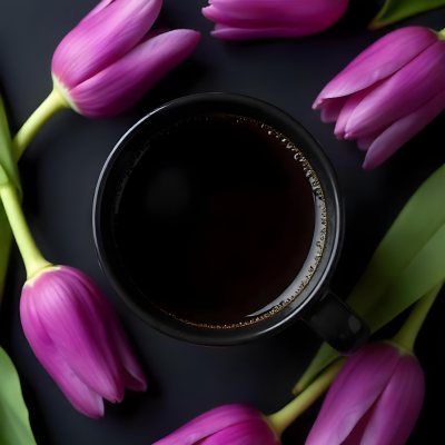 A Black Cup Of Black Coffee Surrounded By Purple Tulips On A Black Background 13 59fe