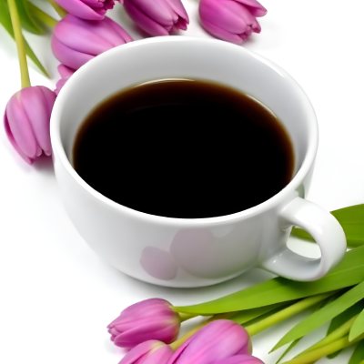 A Black Cup Of Black Coffee Surrounded By Purple Tulips On A Black Background 14 Dc08