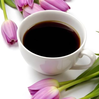 A Black Cup Of Black Coffee Surrounded By Purple Tulips On A Black Background 15 788c