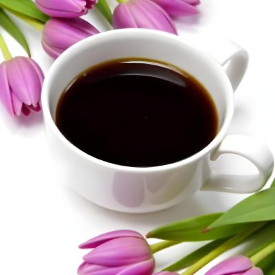 A Black Cup Of Black Coffee Surrounded By Purple Tulips On A Black Background 16 747c