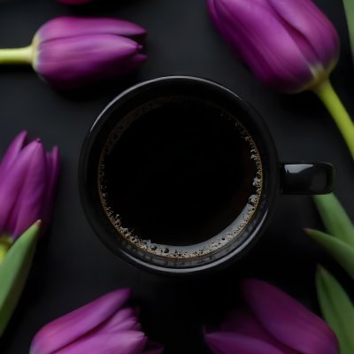 A Black Cup Of Black Coffee Surrounded By Purple Tulips On A Black Background 19 F457
